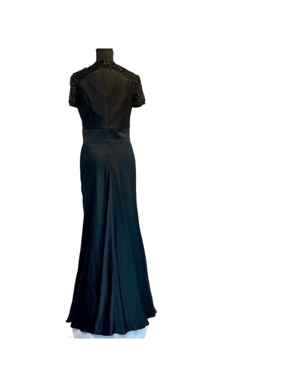Badgley Mischka black beaded lace short sleeve silk formal evening gown 8 NWOT - Picture 7 of 17